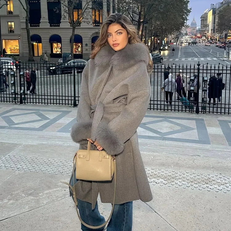 OFTBUY Omen Double Face Wool Coat Natural Fur Coat Wool Blend Jacket Winter Warm Elegant Long Sleeve Fur Cuffs Fashion Outerwear