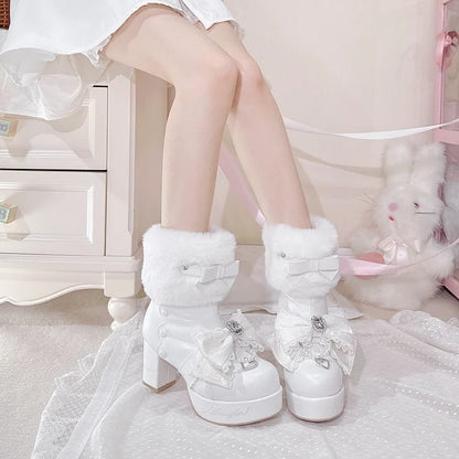Original Japanese Sweet Cute Style Versatile Bow High Heel Boots Autumn Winter Mass-Produced Rhinestones Fur Short Boots