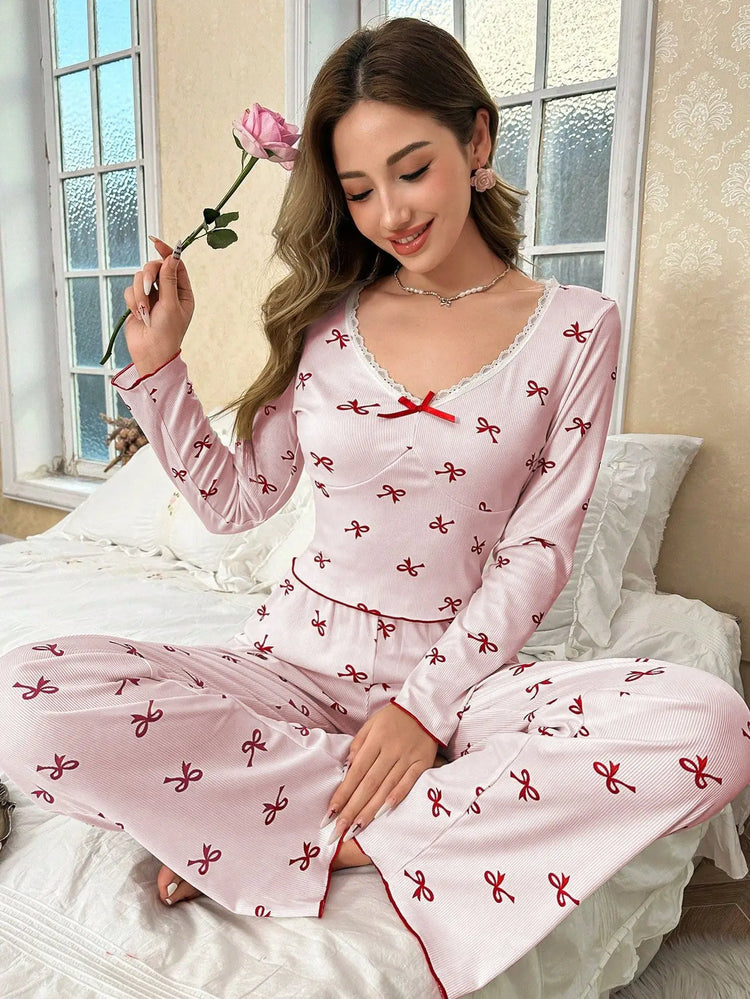 Primavera e autunno nuovi indumenti da notte da donna con fiocco a farfalla a maniche lunghe set stampato elastico da donna casual comodi vestiti per la casa