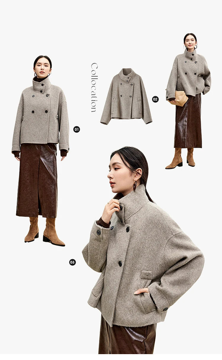 SENTUBILA 100% Wool Winter Jackets for Women Short Coats 2026 Stand Turtleneck Unlined Wool Outerwears Female Clothes W44O56626