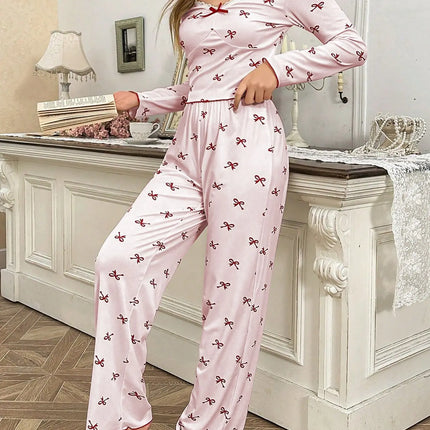 Primavera e autunno nuovi indumenti da notte da donna con fiocco a farfalla a maniche lunghe set stampato elastico da donna casual comodi vestiti per la casa