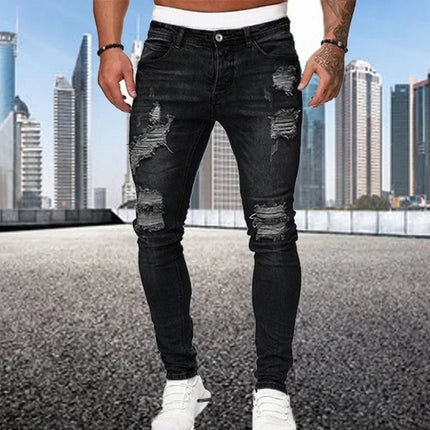 2024 New Retro Ripped Pencil Small Foot Skinny Jeans for Men Motorcycle Streetwear Stretch Straight Casual Slim Jeans Male PlatiNum