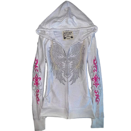 Y2K Vintage Rhinestone Hooded Jacket Women Silver Crystal Angel Wing Cross Zip Pink Flower Tribal Print Slim Fit Sweatshirt