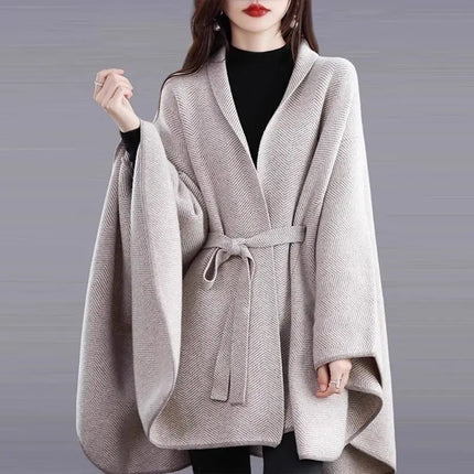 Cloak Shawl Jacket 2026 New Spring And Autumn Sweater Herringbone Lace-Up Loose Knitted Sweater Thickened Cardigan Beige Jackjet