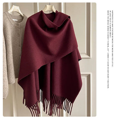 Women Split‑Open Woolen Tassel Poncho Shawl Thick Warm Cape Coat Autumn Winter Travel Photography Outer Wrap