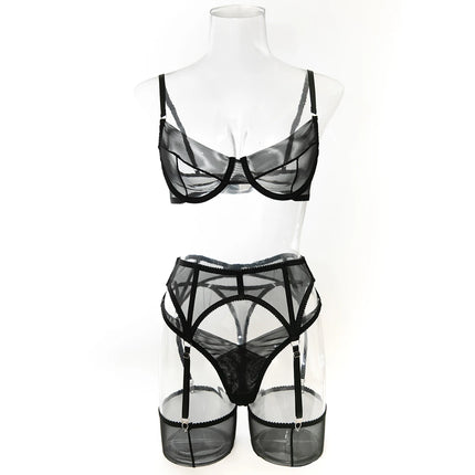 Luxury Dark Style 4Pcs Women's Lingerie Set Push-up Underwire Bra Garter Belt Thong Panty Stocking Erotic Intimate Outfits