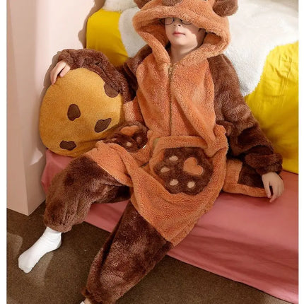 Family Matching Hooded Jumpsuit Cartoon Cypabara Onesie Winter Warm Sleepwear Boys Girls Pajamas Christmas Cartoon Home Clothes