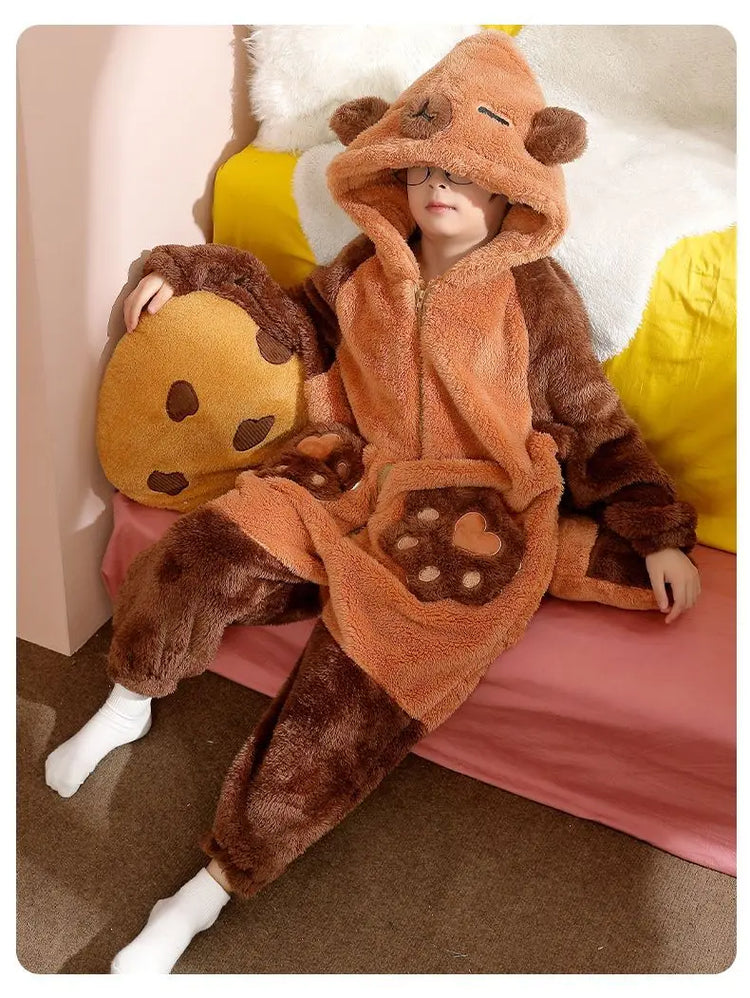 Family Matching Hooded Jumpsuit Cartoon Cypabara Onesie Winter Warm Sleepwear Boys Girls Pajamas Christmas Cartoon Home Clothes