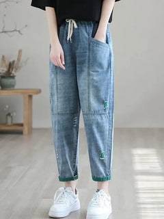 Jeans Strappati a Nove Punti da Donna, Nuovi Pantaloni Harem Casual Sottili con Vita Elastica, Lunghi alla Caviglia, in Denim, per l'Estate 2026
