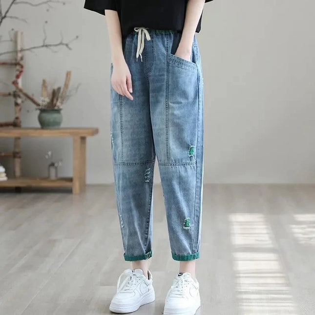 Jeans Strappati a Nove Punti da Donna, Nuovi Pantaloni Harem Casual Sottili con Vita Elastica, Lunghi alla Caviglia, in Denim, per l'Estate 2026