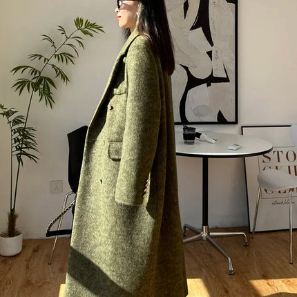 High-end Thick Double-sided Wool Coat Female Fashion Long  Autumn Winter Lapel Double Breasted Wool Coat Women Loose Outerwear
