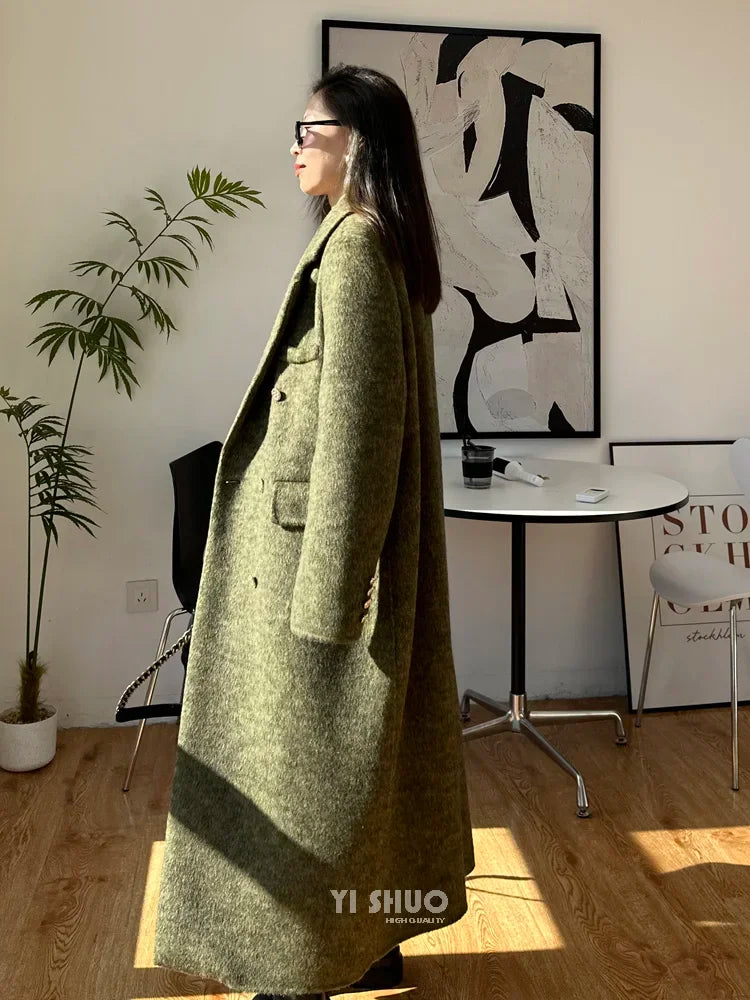 High-end Thick Double-sided Wool Coat Female Fashion Long  Autumn Winter Lapel Double Breasted Wool Coat Women Loose Outerwear