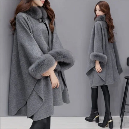 S-5XL Winter Warm Fashion Cloak Horn Buckle Woolen Poncho Capes Women Faux Rabbit Fur Dolman Sleeves Loose Long Cappa Coat