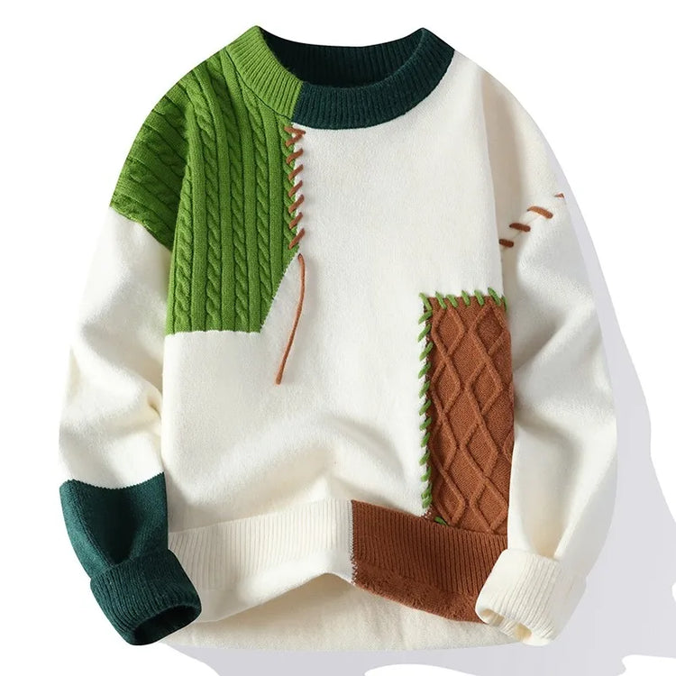 2024 Patchwork Knitted Sweater Trend High Street Autumn Winter Warm Men's Tops Hip-hop Street Clothing Fishing Sports Pullover