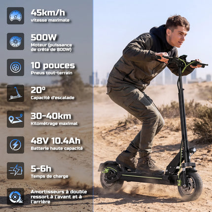 Monopattino Elettrico per Adulti TODIMART, E-Scooter Urbano, Batteria 48V 10.4Ah, Motore 500W, Velocità 45km/h, Autonomia 30-45km, Monopattino Elettrico Pieghevole Portatile per Pendolari