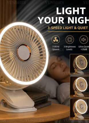 Ventilatore Portatile con Clip e Luci LED, 3 Velocità Regolabili, Silenzioso, da Scrivania, per Casa, Camera da Letto e Campeggio