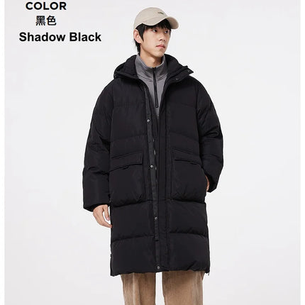 Metersbonwe Men's Long Hooded Down Jacket  Male Stand Collar Jacket with Hem Side Zipper Letter Printing Duck Down Padded Brand