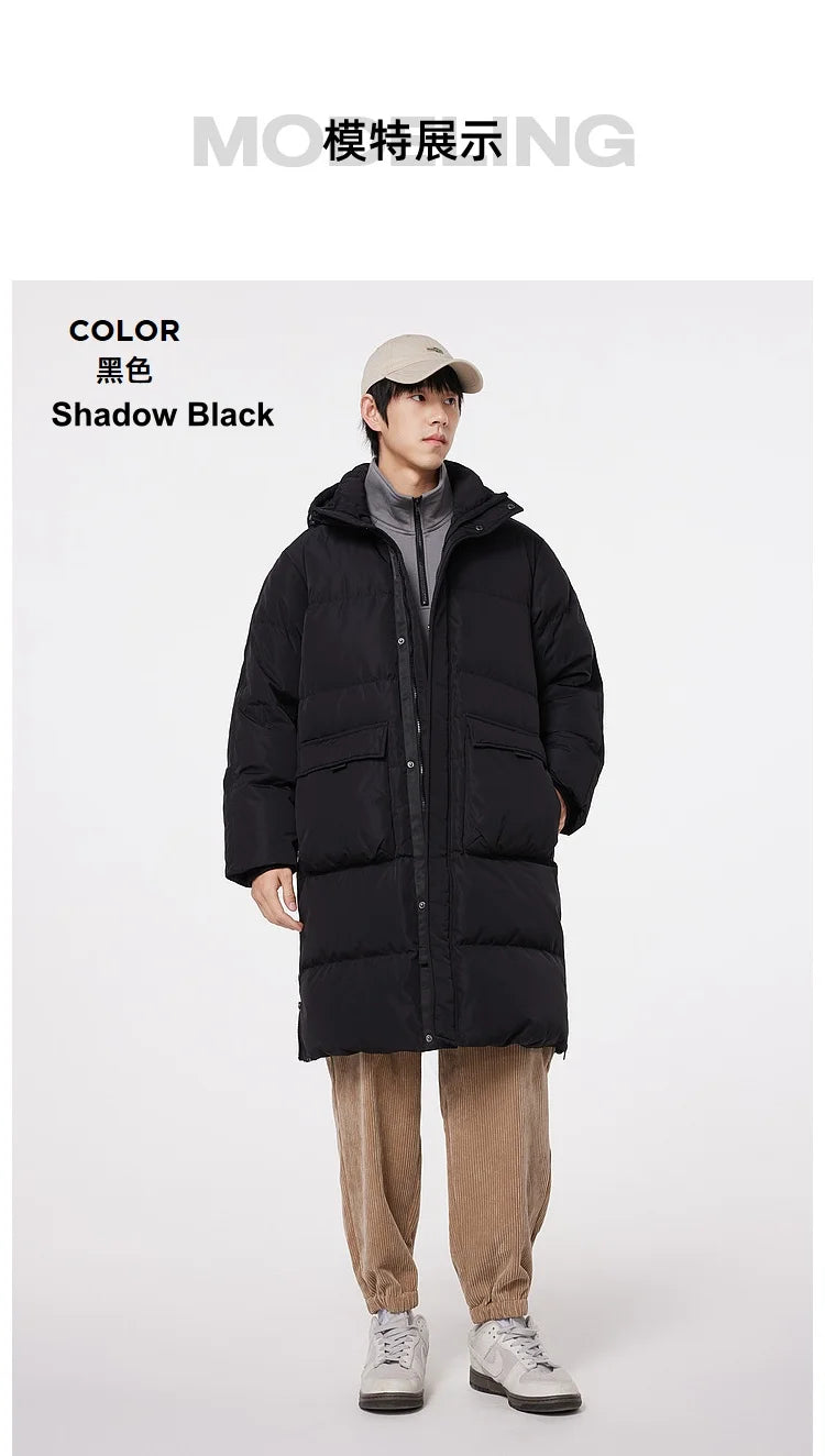 Metersbonwe Men's Long Hooded Down Jacket  Male Stand Collar Jacket with Hem Side Zipper Letter Printing Duck Down Padded Brand