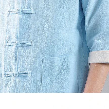 Camicie in Stile Cinese per Uomo, Top Tradizionale Tang in Lino a Mezza Manica, Camicia Kung Fu Hanfu Vintage Casual, Taglie Grandi fino a 5XL