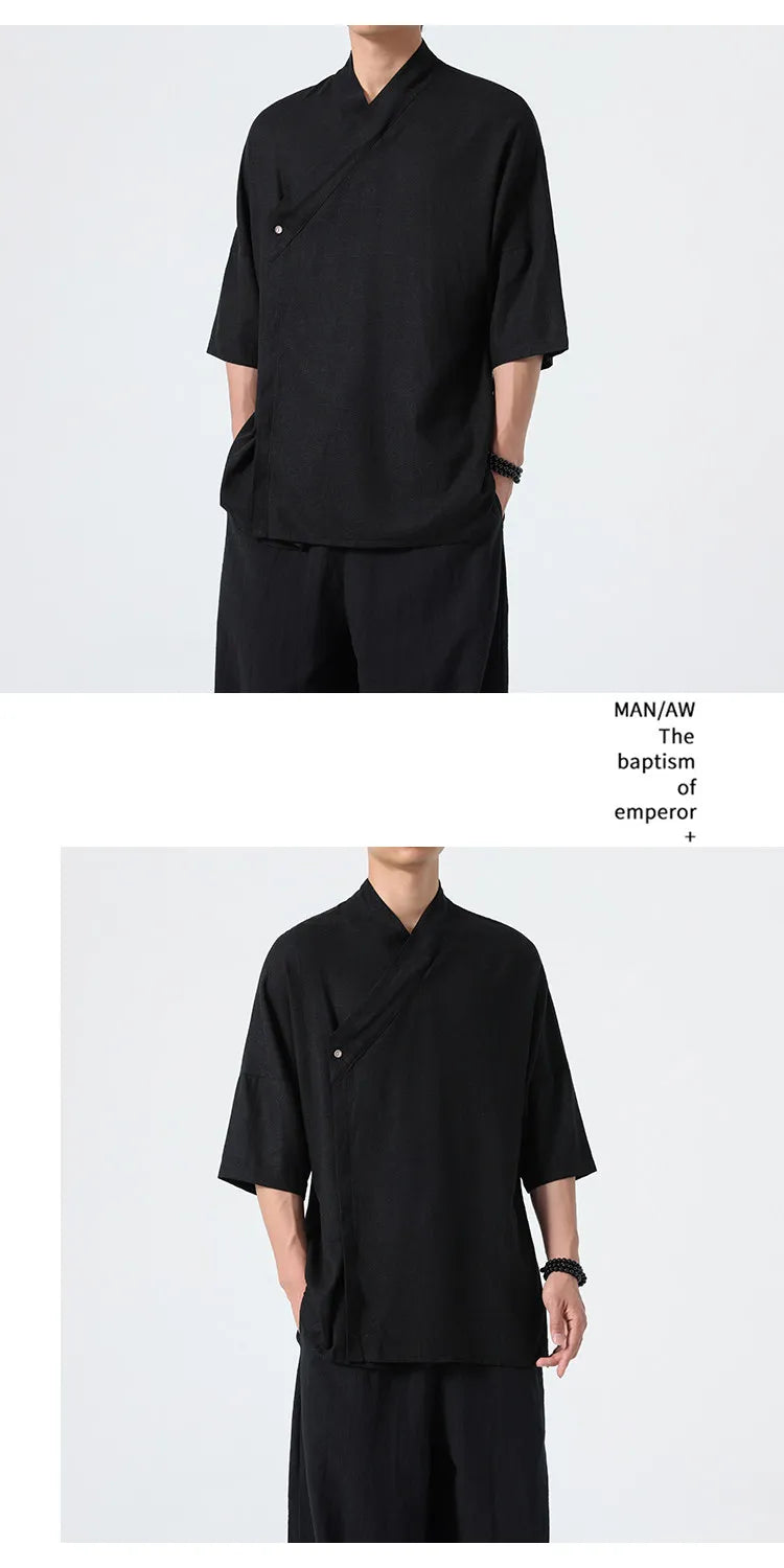 Camicie Estive 2026 da Uomo, Stile Cinese Retrò Tradizionale in Lino Traspirante, Abbigliamento Maschile per Kung Fu e Tai Chi, Bluse Casual Stile Tang