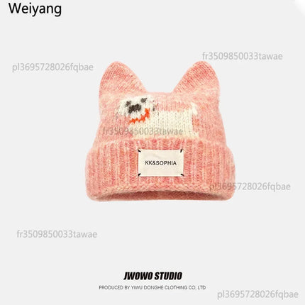 Cute Cartoon Kitten Ear Woolen Cap for Women Warm Cold-proof Autumn Winter Puppy Pattern Knitted Hat Fashion Sweet Crochet hats