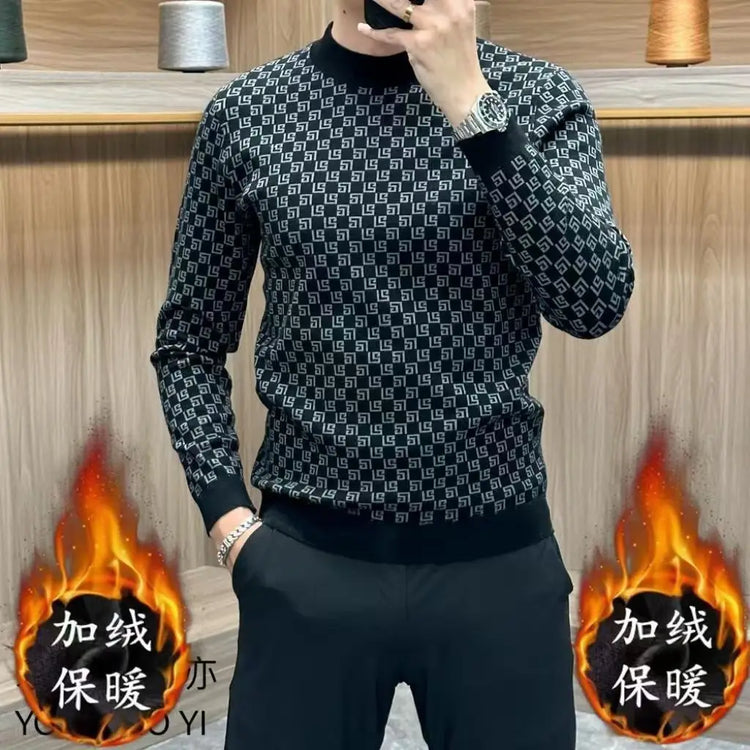 Autumn Winter New Koreon Fashion Fleece Thicken Warm T-Shirt Men Clothing O-Neck Long Sleeve Casual Pullover Bottoming Tops