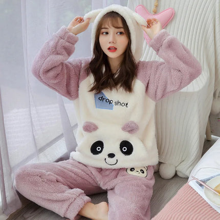 2024 New Plush Pajamas Set for Women Thick Hooded Women 2 Piece Clothes Set Cute Rabbit Women Pyjamas Coral Fleece Warm Homewear