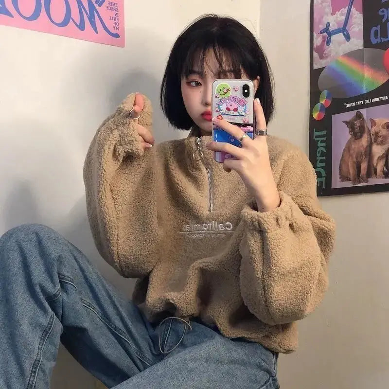 Imitation Lamb Wool Thickened Short Sweatshirt for Women Autumn Winter Half Open Neck Zipper Letter Embroidery Warm Pullover Top