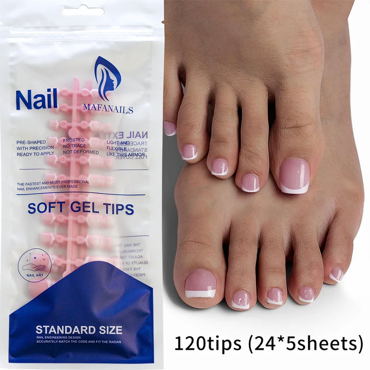 120Pcs Short Square Pink French Full‑Cover Toe Nail Tips White Edge Soft Gel Press‑On Toenails