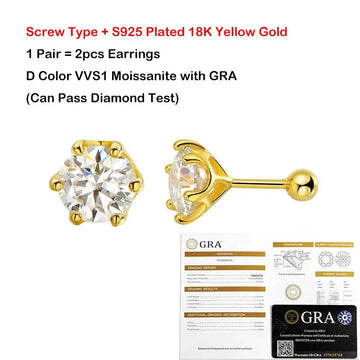 EWYA 0.2/0.5/2ct D Colore Moissanite Orecchini a vite per donna Uomo Argento 925 placcato 18K Pass Diamond Test 6 Prong Orecchino platinumshop