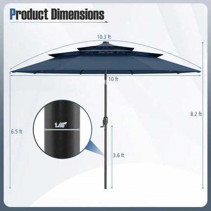 Ombrellone da patio solare da 10 piedi con 32 luci a LED, parte superiore ventilata a 3 livelli, colore blu navy