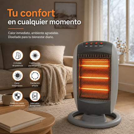 1200W Electric Halogen Heater with Automatic Oscillation and 3 Adjustable Power Levels, Portable Heater with Tip-Over Protection for Home and Office 30x24x42cm
