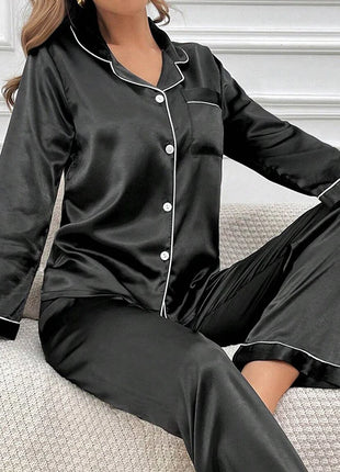 Pigiama da donna in raso di lusso Pj Set Colletto rovesciato Bottoni Top e pantaloni Indumenti da notte e pigiama per abiti estivi per la casa