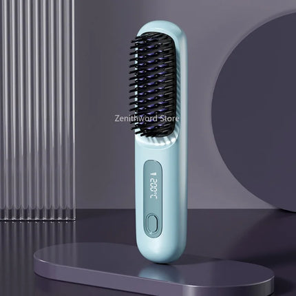 Electric Lcd USB Ceramic Heated Straight Hair Comb, Wireless Portable Negative Ion Styling Tool, Rechargeable Straightening Brush