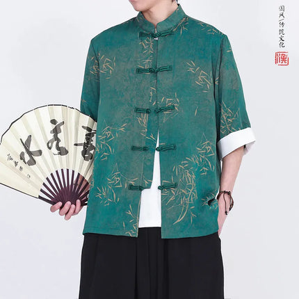 Camicie da uomo estive di lusso in jacquard con foglie di bambù, camicia a maniche corte da uomo in stile cinese tradizionale, camicia casual da uomo per Kung Fu e Tai Chi
