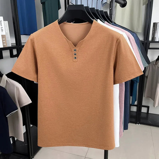 New Men's Casual and Fashionable Three Button V-neck Solid Color Short Sleeved T-shirt Summer Versatile Top PlatiNum