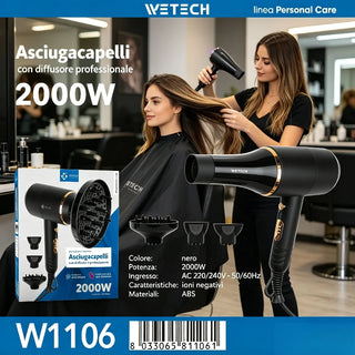 2000W Professional Negative Ionic Hair Dryer Hot Cold Air Adjustable Temperature Blow Dryer Salon Home Use With Nozzle/Diffuser Fast Drying