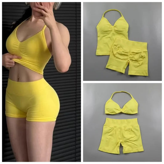 2 Pieces Impact Sports Set Women Backless Tank Yoga Tops High Waist Scrunch Seamless Shorts Sport Gym Set Sportswear Workout Set