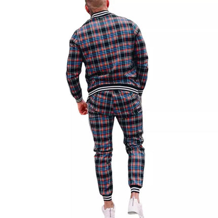2025 Men Tracksuit 2pc Set Gym Hiking Plaid Zipper Hoodie Cargo Pants Autumn Athleisure Outfit Fleece Jogger Sportswear PlatiNum