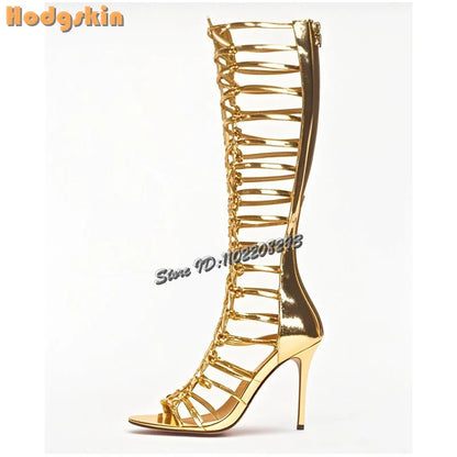 Retro Buckle Strap Roman Sandals Open Toe Back Zip Stiletto Knee-high Summer Boots 2026 New Fashion High Heeled Women Shoes