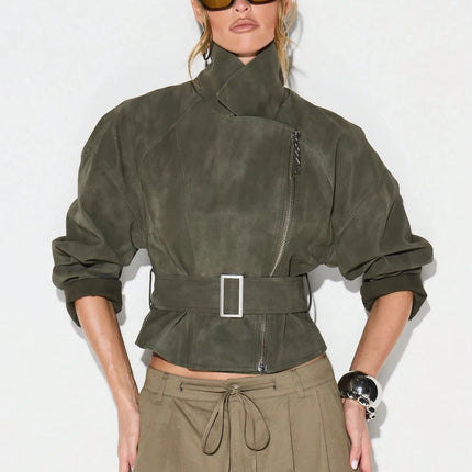 Belt Zipper Top with Waist Cinching American and European Style Streetwear Notched Lapel Thick No Hood Women Autumn Jacket