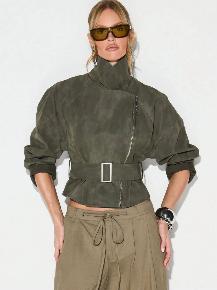 Belt Zipper Top with Waist Cinching American and European Style Streetwear Notched Lapel Thick No Hood Women Autumn Jacket