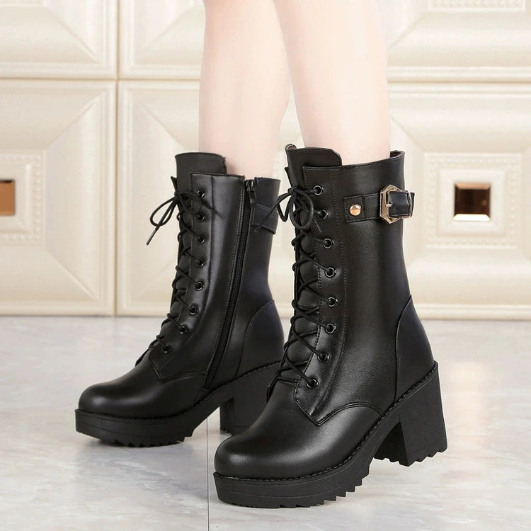 WOIZGIC Female Mother Ladies Women's Snow Genuine Leather Ankle Shoes Boots Warm Fur Plush Wool Zipper Lace Motorcycle Mid Calf