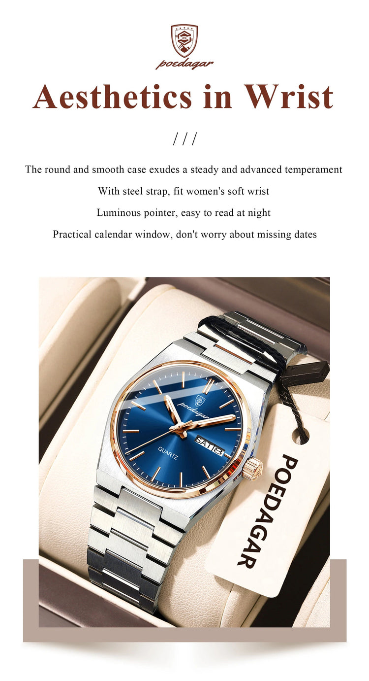 POEDAGAR Orologio da donna alla moda Orologio da polso da donna di lusso luminoso impermeabile in acciaio inossidabile Data settimana Orologi al quarzo da donna Reloj platinumshop