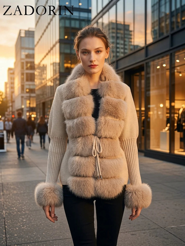 ZADORIN Autumn Winter Women Faux Fur Coat Luxury Knitted Sweater Fur Cardigan Detachable Collar White Pink Jacket Faux Fur Coats