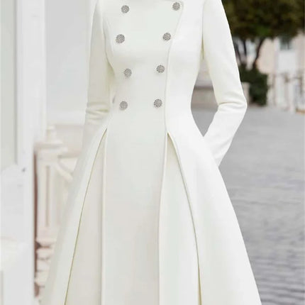 Yeezzi Women's British Style Buttoned Stand Collar Overcoat Midi Dresses Long Sleeves High Waisted Pleated Evening A-line Dress