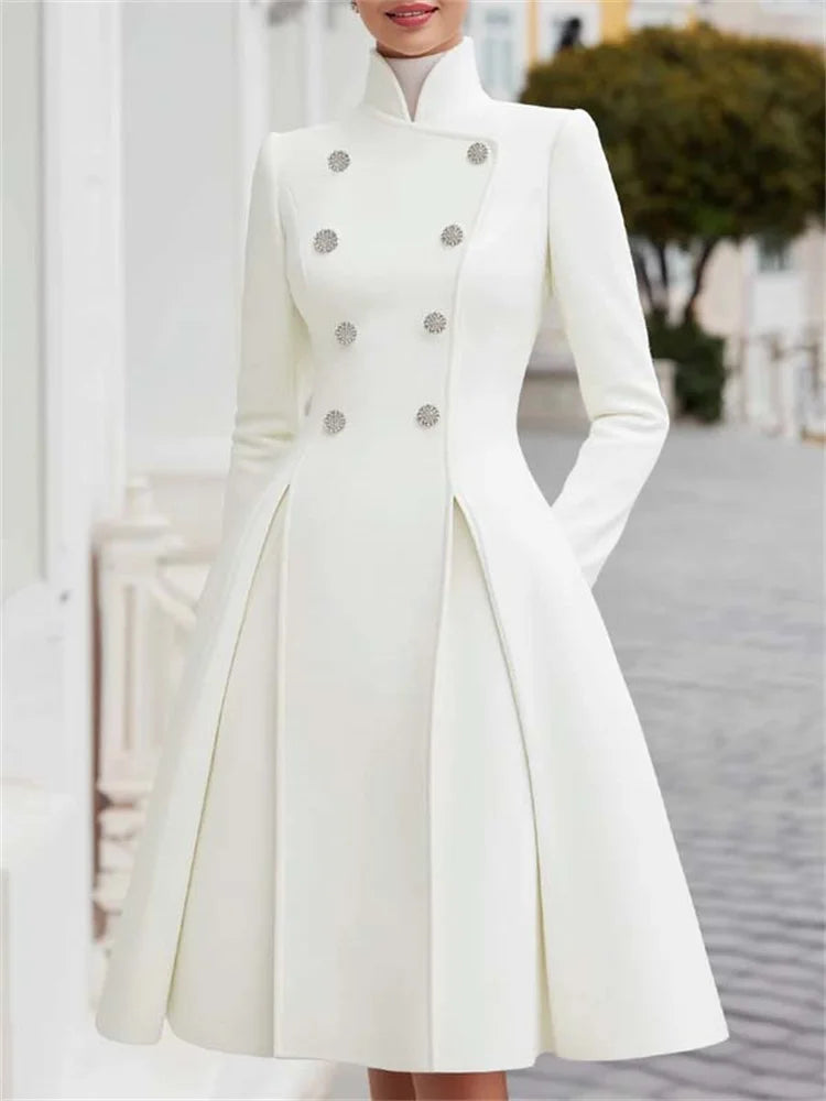Yeezzi Women's British Style Buttoned Stand Collar Overcoat Midi Dresses Long Sleeves High Waisted Pleated Evening A-line Dress