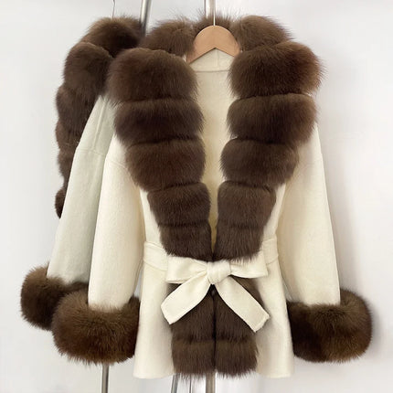 Real Fur Wool Jacket Fashion Reality Fur Jacket Women Natural Fox Fur Cuffs Winter Clothing Female Elegant with Belt Woolen Coat