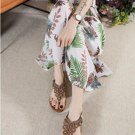 New 2026 Women's Summer Bohemian Style Sandals, Flip-Flop Design with Beaded and Rhinestone Buckle, Elastic Heel Strap, Comfortable Everyday Shoes