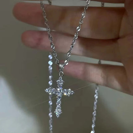 Shiny Crystal Zircon Cross Pendant Necklace for Women Girls Punk Silver Color Thin Chain Necklace Party Jewelry Birthday Gift PlatiNum